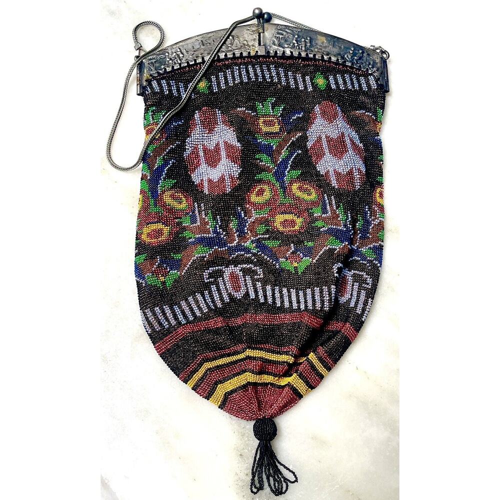 Large Victorian French Antique 1890 Beaded Bag Floral Metal Hinged Frame Purse